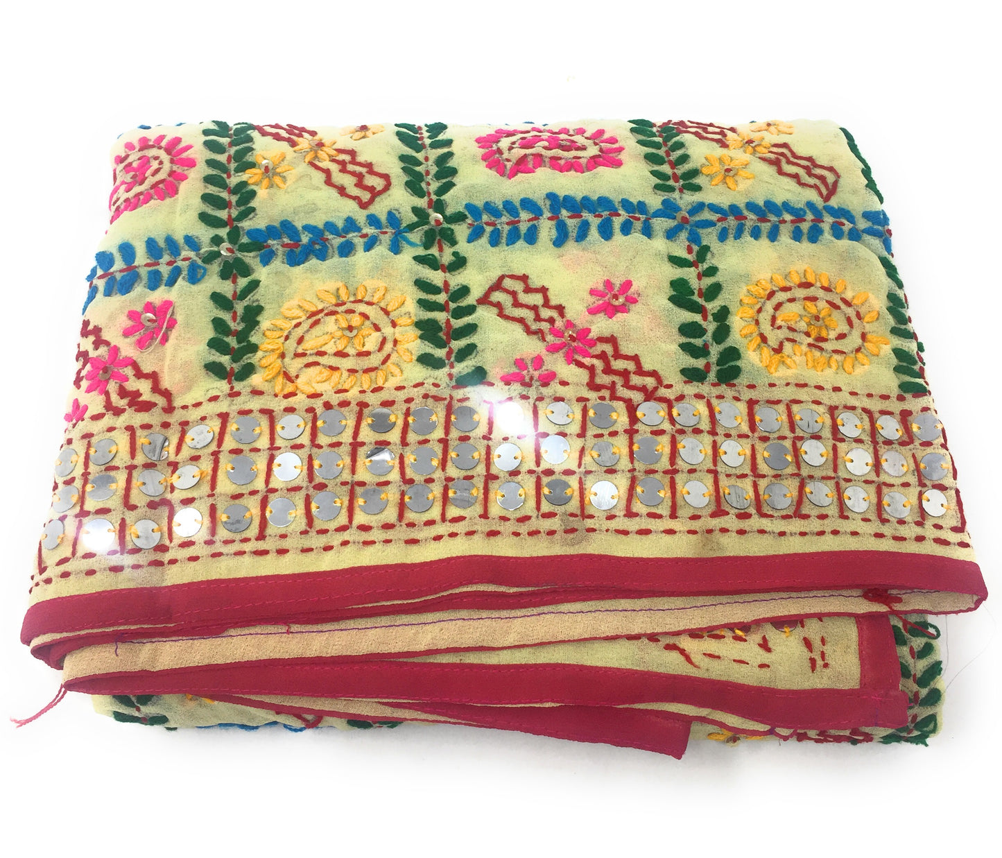 White Phulkari Dupatta, Multi Colour Embroidery, Mirror Work