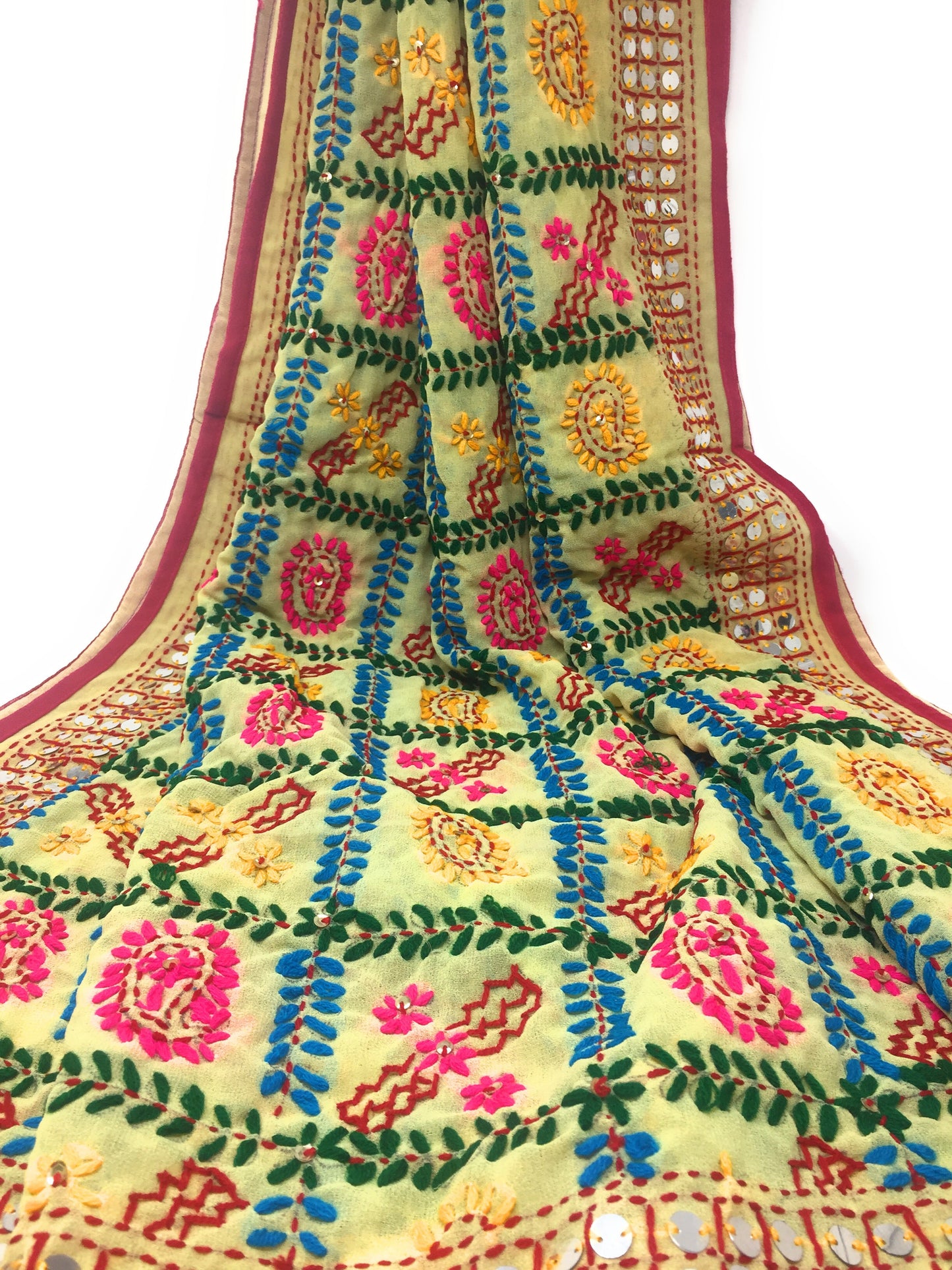 White Phulkari Dupatta, Multi Colour Embroidery, Mirror Work