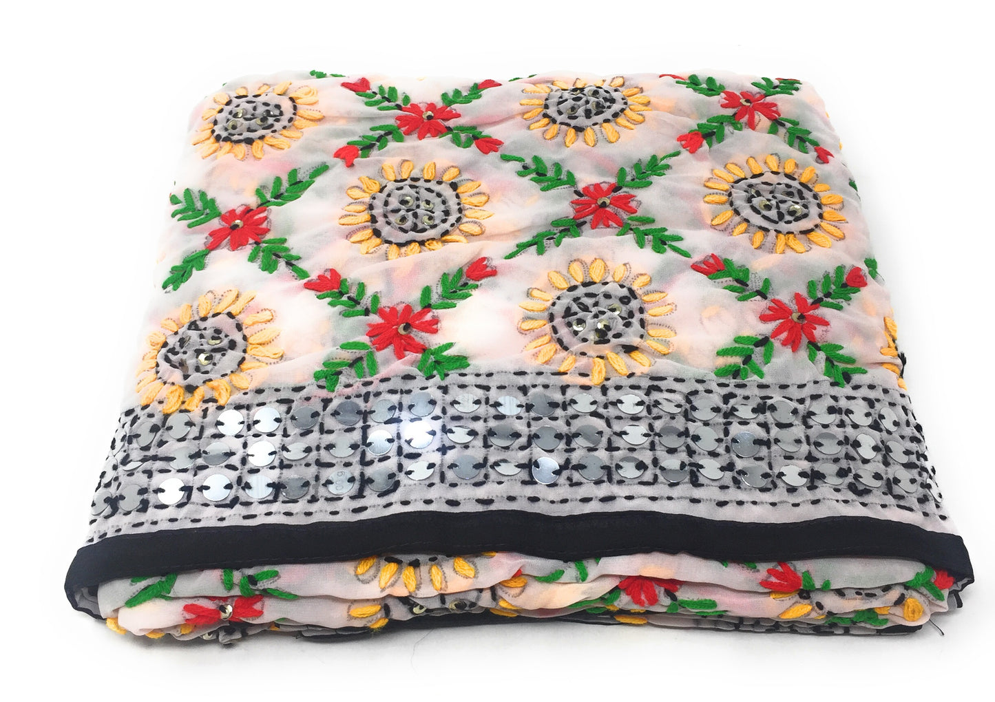 White Phulkari Dupatta, Multi Colour Embroidery, Mirror Work