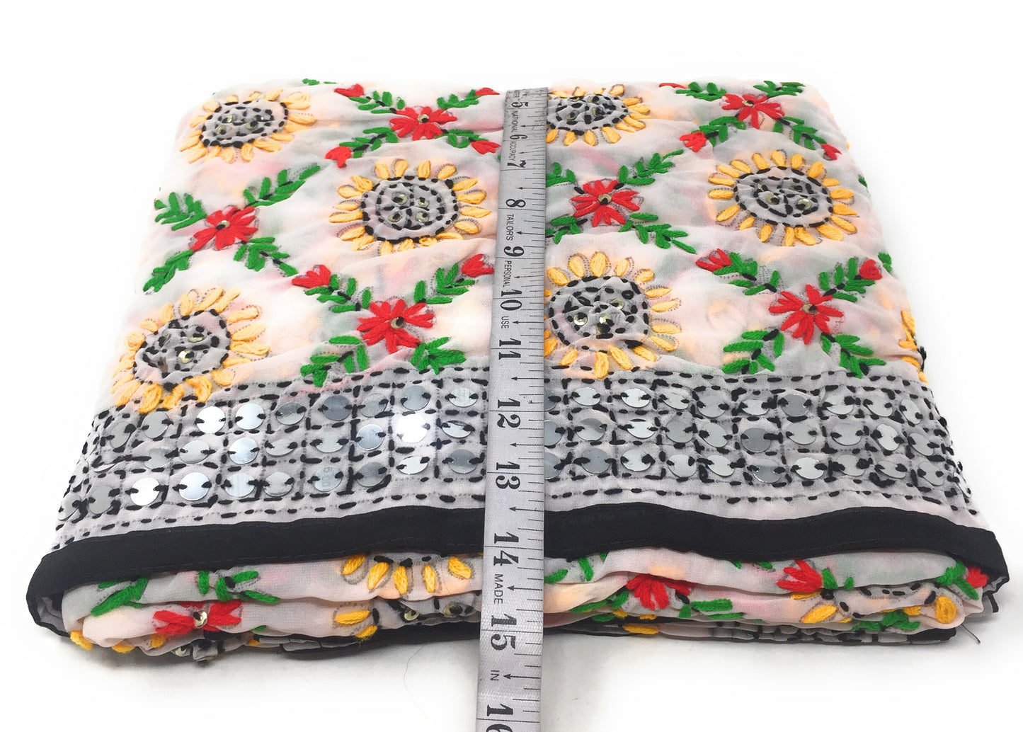 White Phulkari Dupatta, Multi Colour Embroidery, Mirror Work