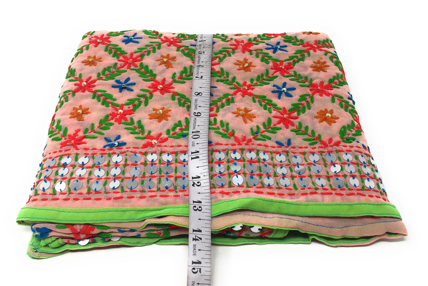 Pink Green Phulkari Dupatta, Multi Colour Embroidery, Mirror Work