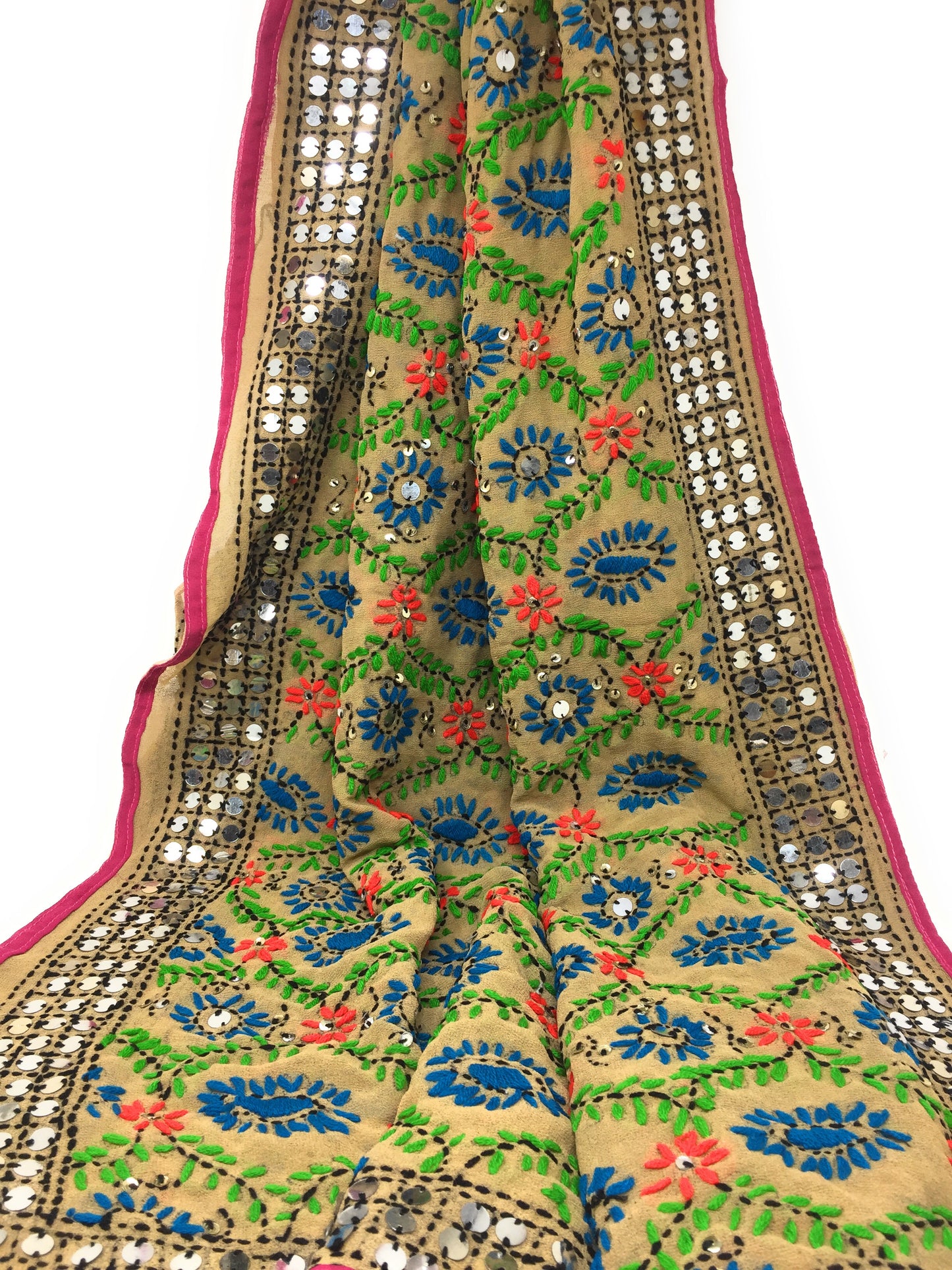 Phulkari Embroidery Dupatta in Light Beige Paper Mirror Work