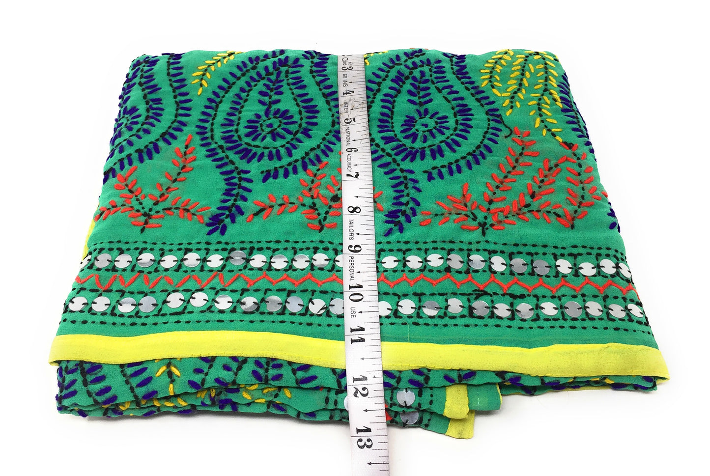Phulkari Embroidery Dupatta in Green Yellow Paper Mirror Work