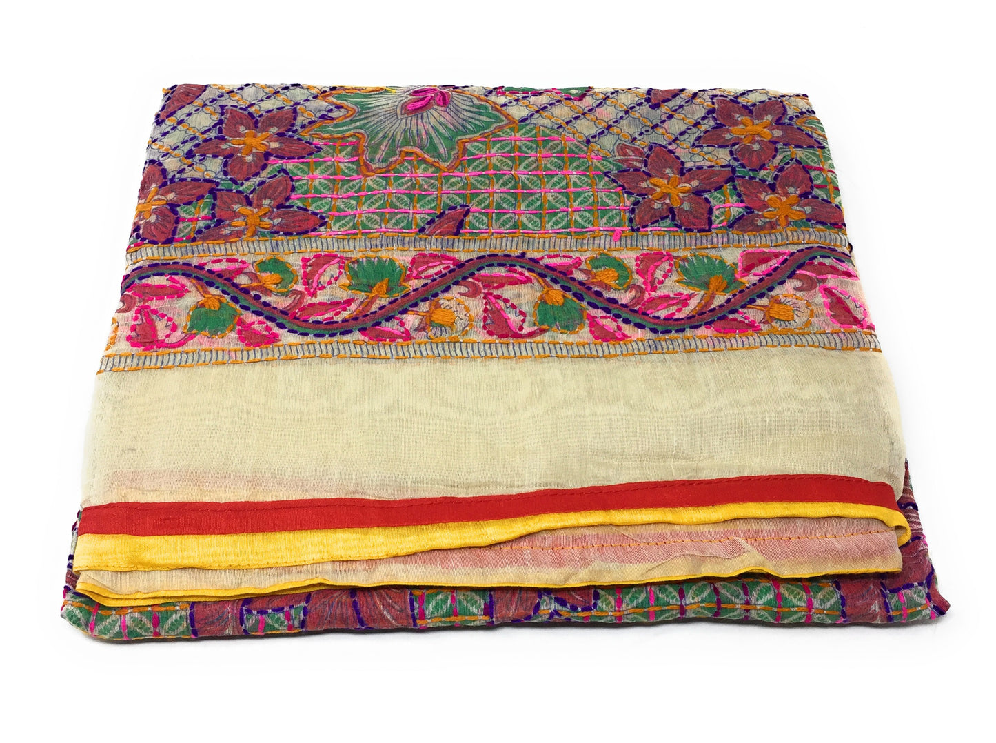 Handmade Dupatta - Kantha Embroidery on Madhubani Motif