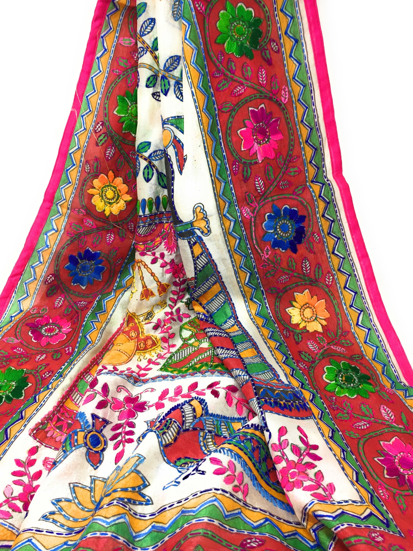 Hand Embroidery On Dupatta - Kantha on Madhubani Art