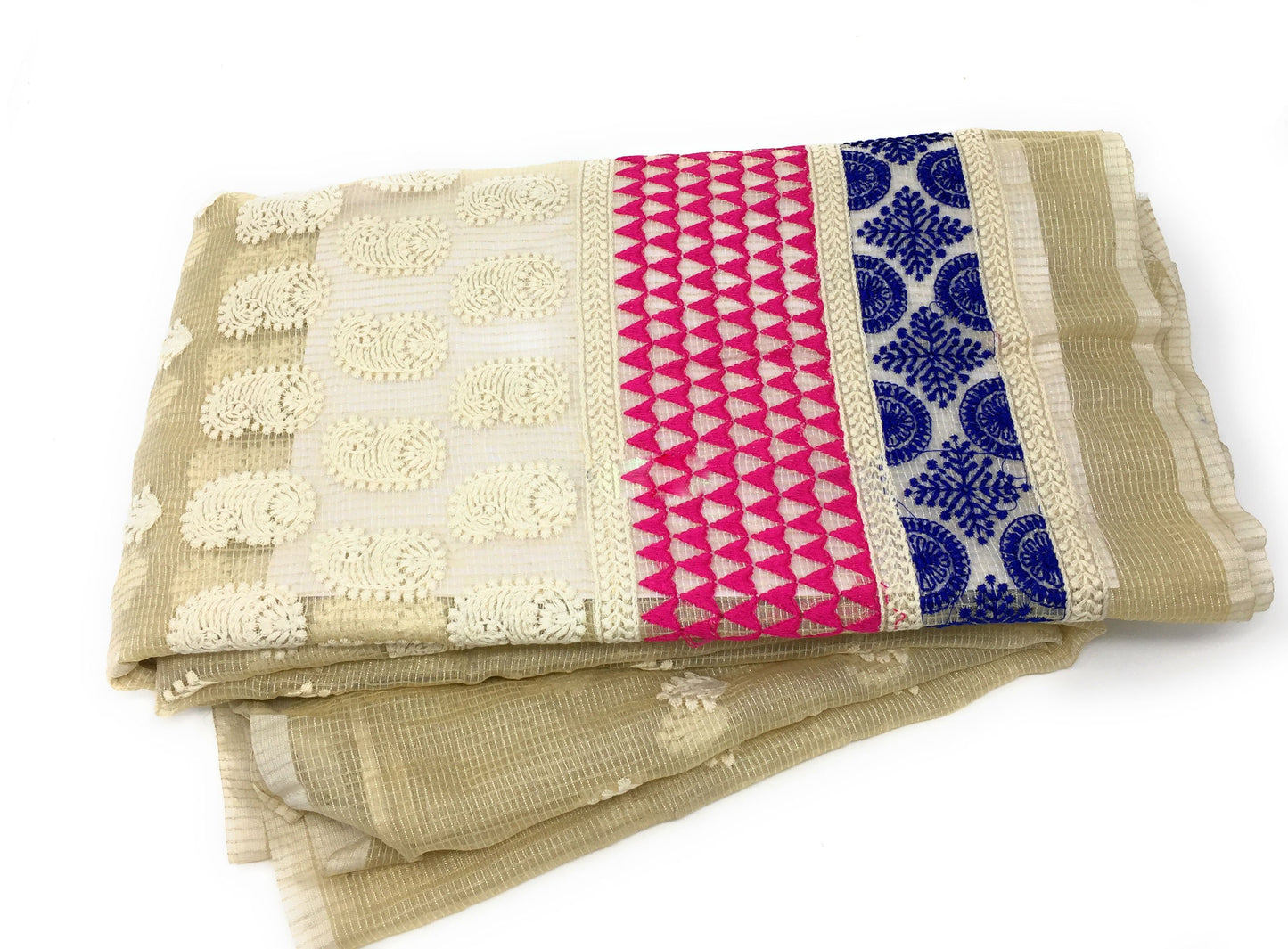 Embroidery On Cream Kota Checks Organza Fabric