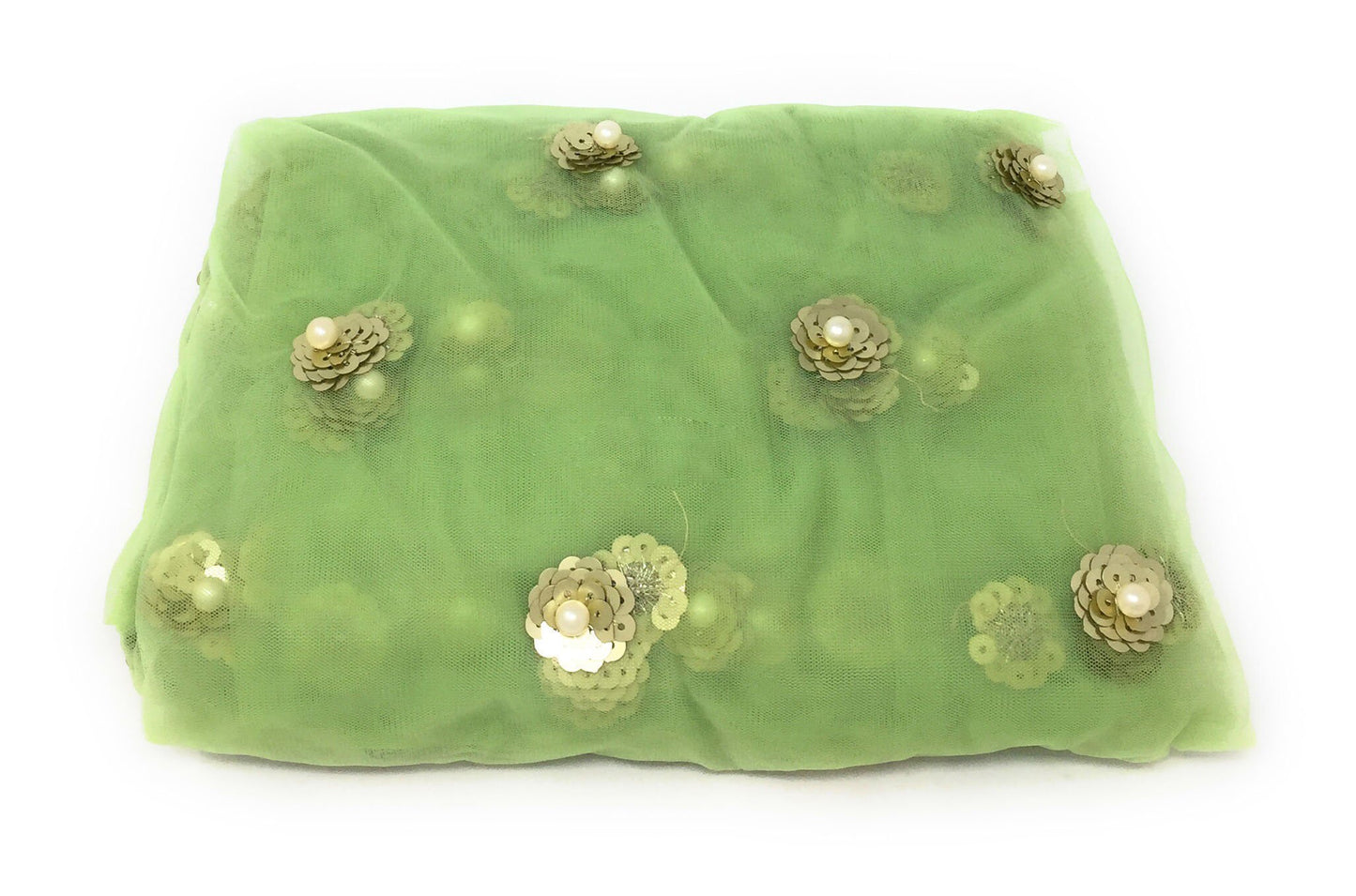 Green Tulle Fabric With Pearls
