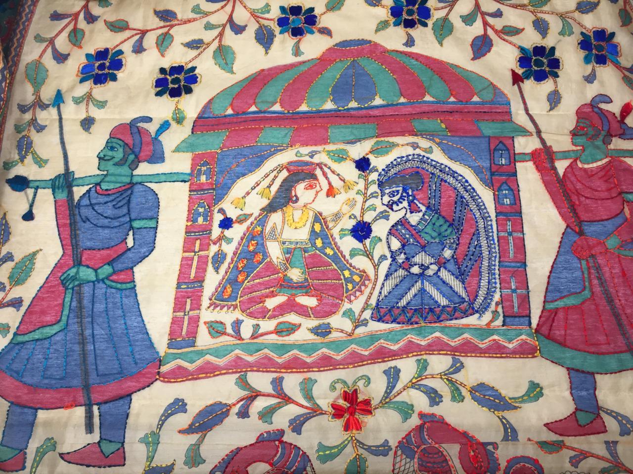 Designer Dupatta Kantha Embroidery on Madhubani Painting