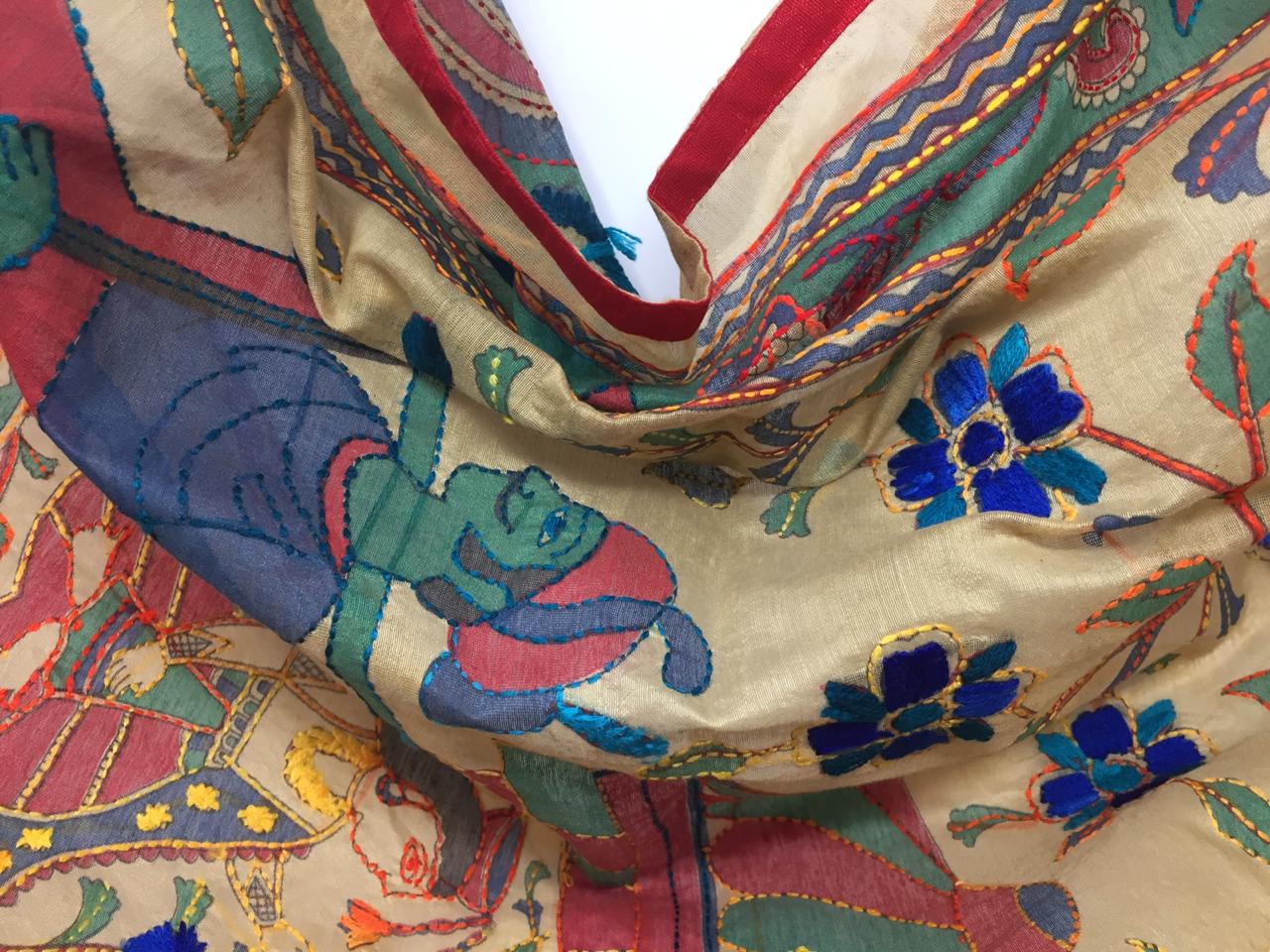 Designer Dupatta Kantha Embroidery on Madhubani Painting