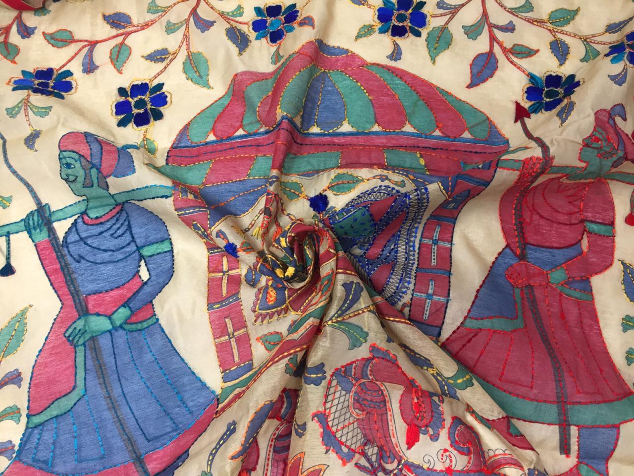 Designer Dupatta Kantha Embroidery on Madhubani Painting