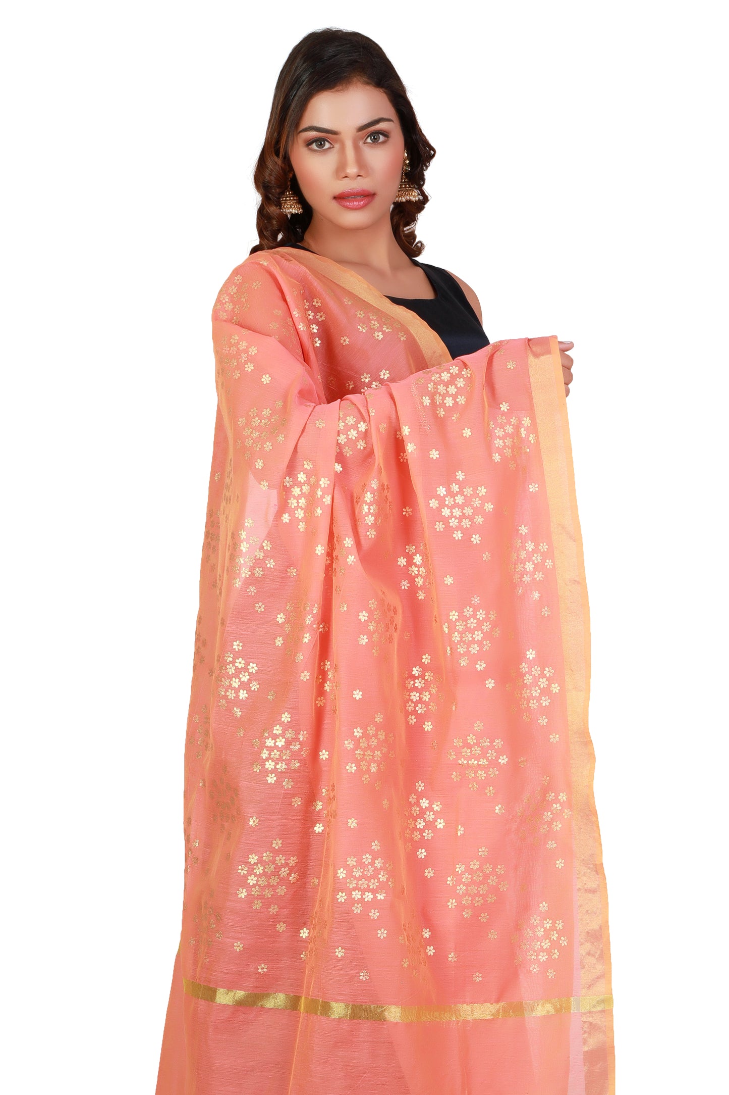 Dupatta Peach Colour With Printed Gold Foil Work