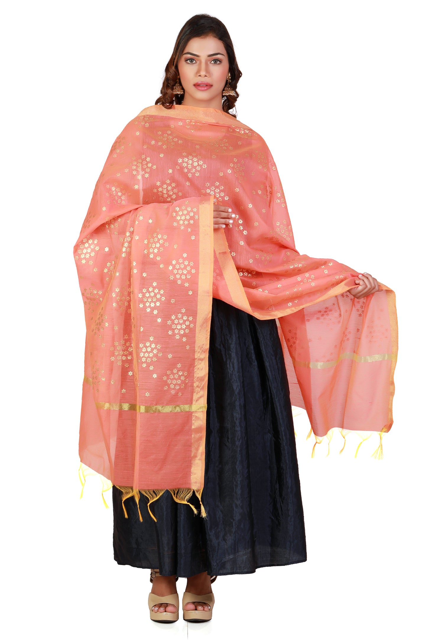 Dupatta Peach Colour With Printed Gold Foil Work
