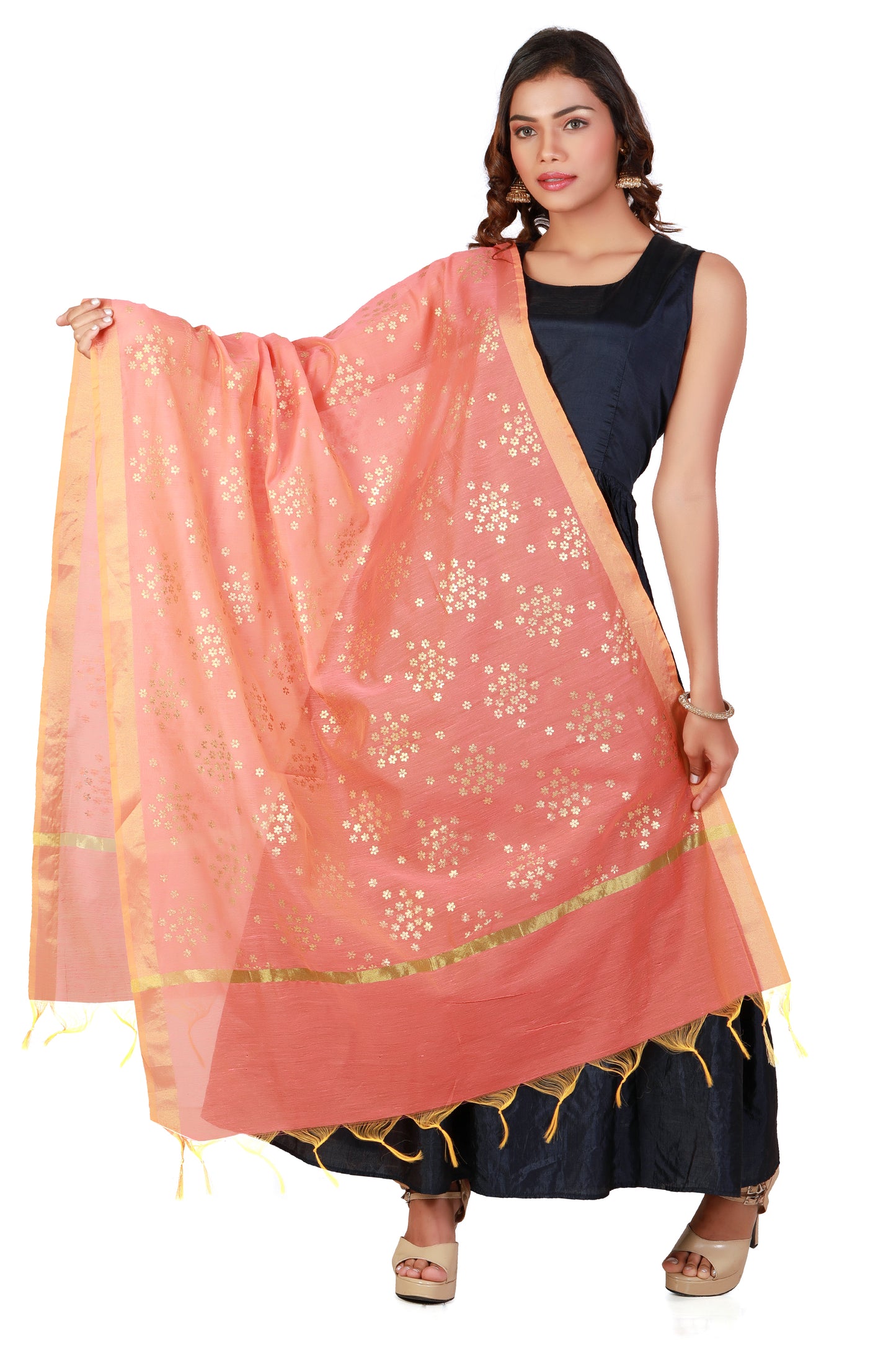 Dupatta Peach Colour With Printed Gold Foil Work