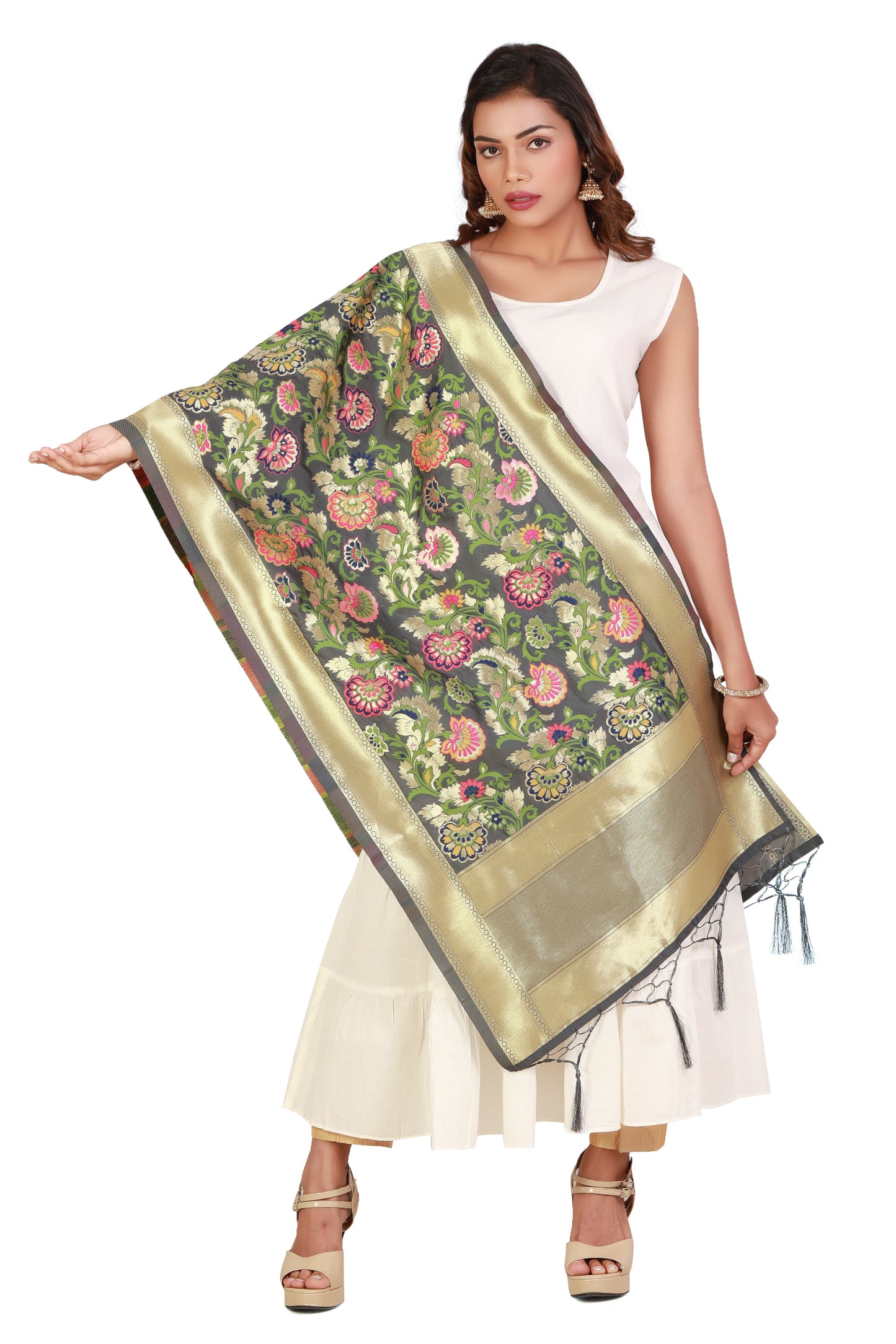 Banarasi Silk Stoles in Grey with Multicolour Kimkhab work