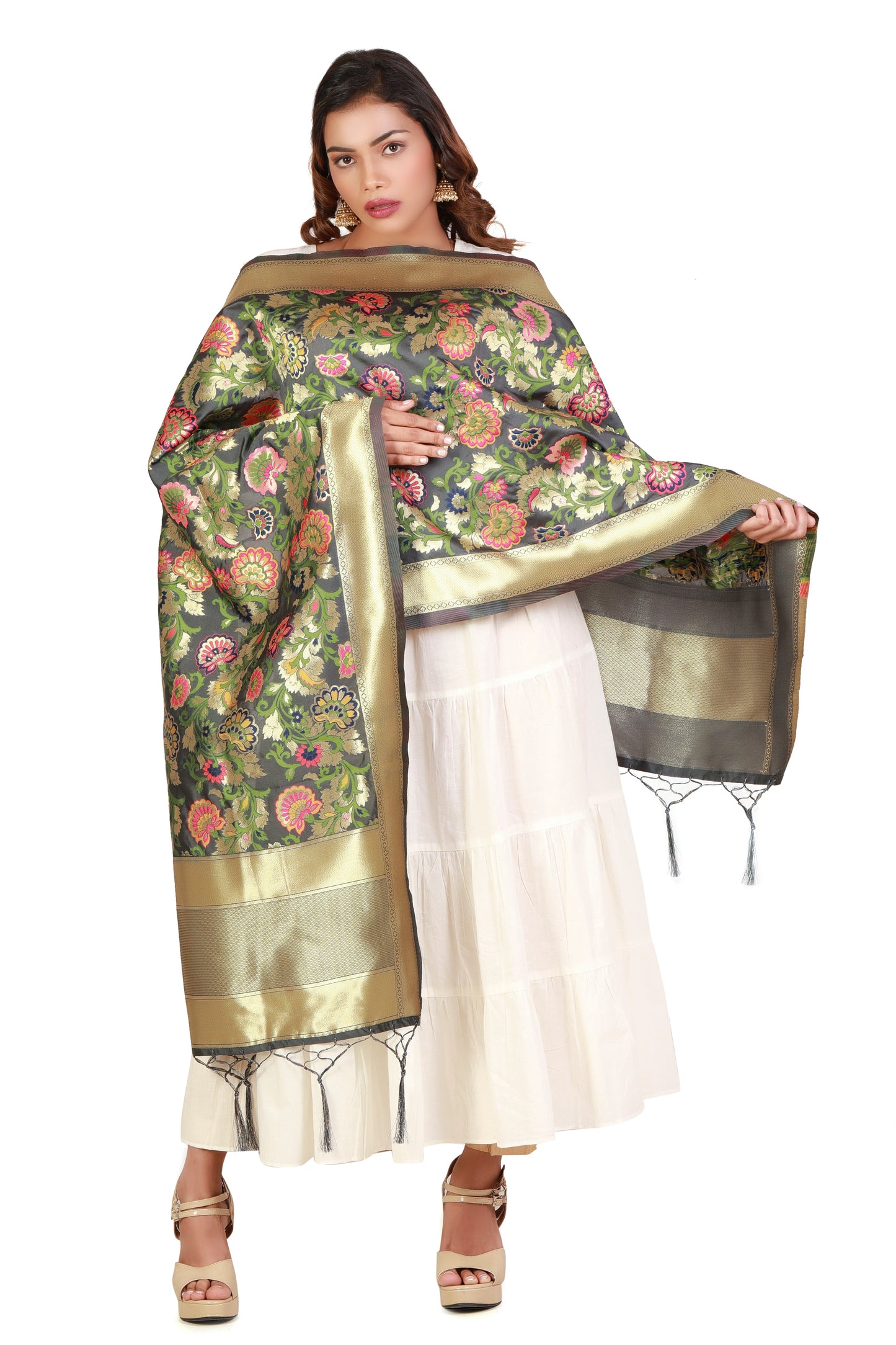 Banarasi Silk Stoles in Grey with Multicolour Kimkhab work