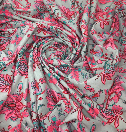 Grey Multi colour Flower Designer Printed Cotton Fabric