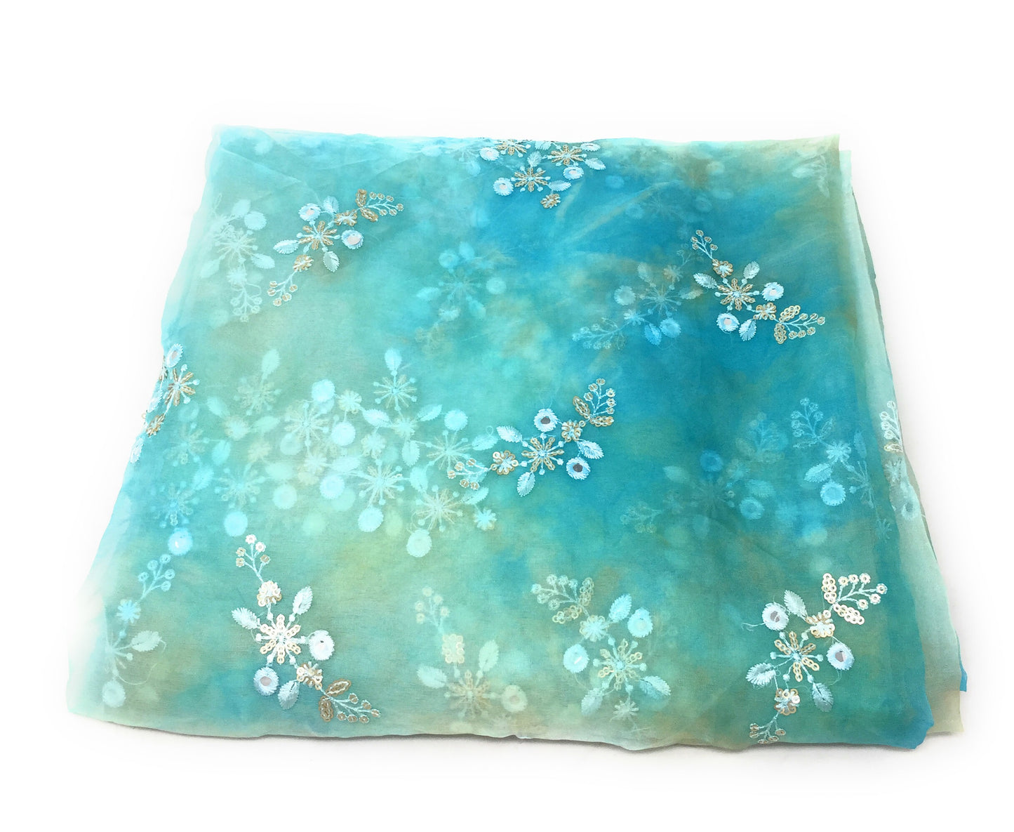 Organza Fabric Material in Blue Ochre, Embroidery Work