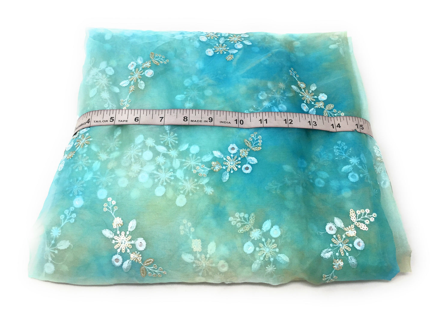 Organza Fabric Material in Blue Ochre, Embroidery Work