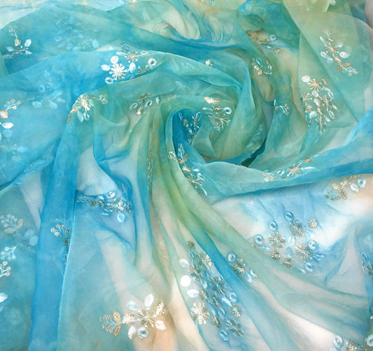 Organza Fabric Material in Blue Ochre, Embroidery Work
