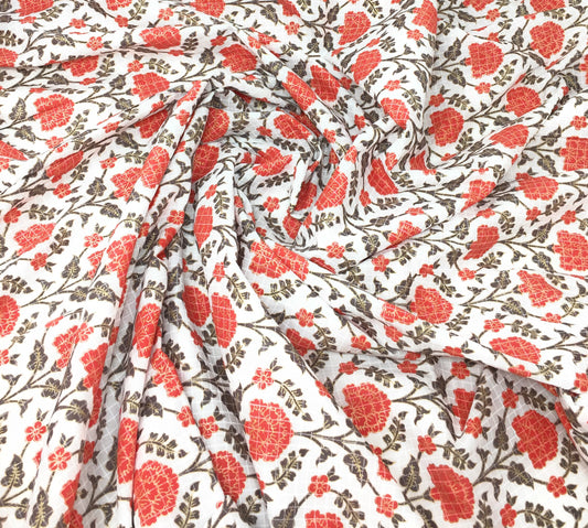 Off White Red Floral Cotton Fabric Material by Meter