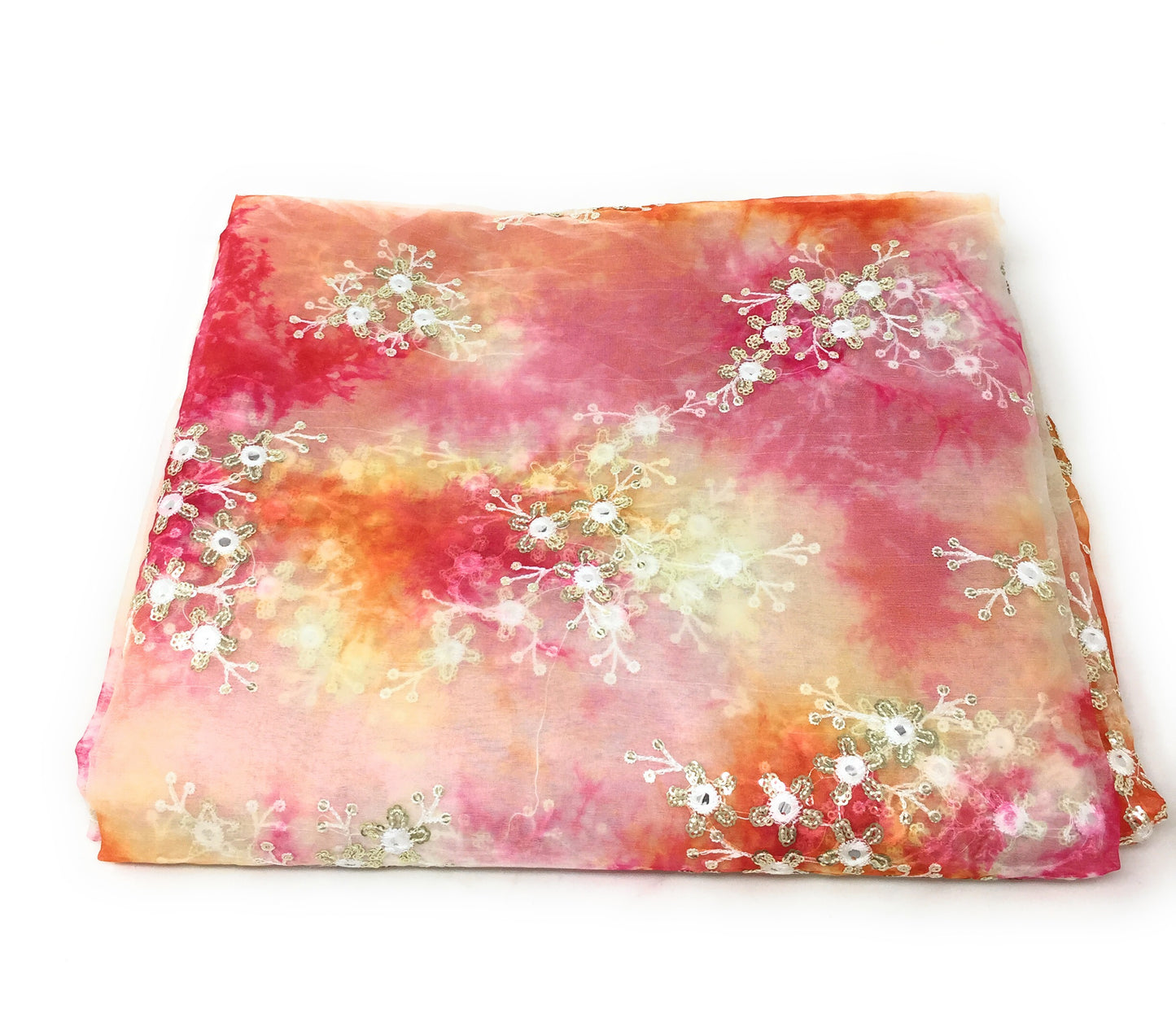 Organza Fabric Material in Pink, Red, Orange, Embroidery Work