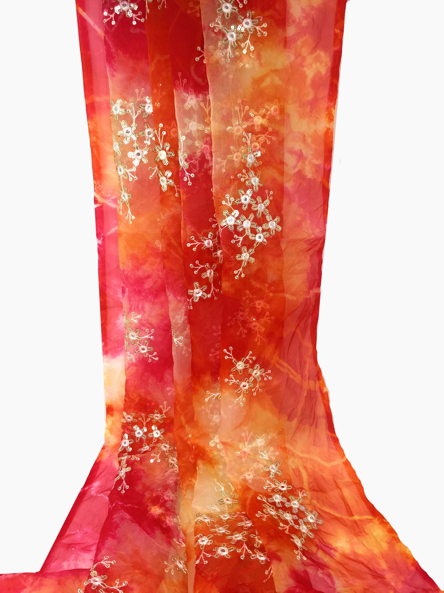 Organza Fabric Material in Pink, Red, Orange, Embroidery Work