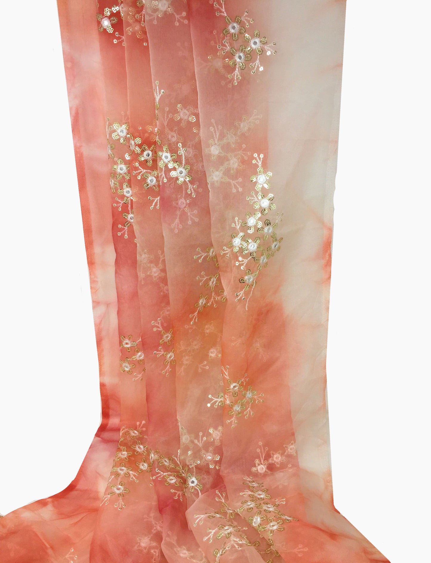 Organza Fabric Material in Pink, Peach, Embroidery Work
