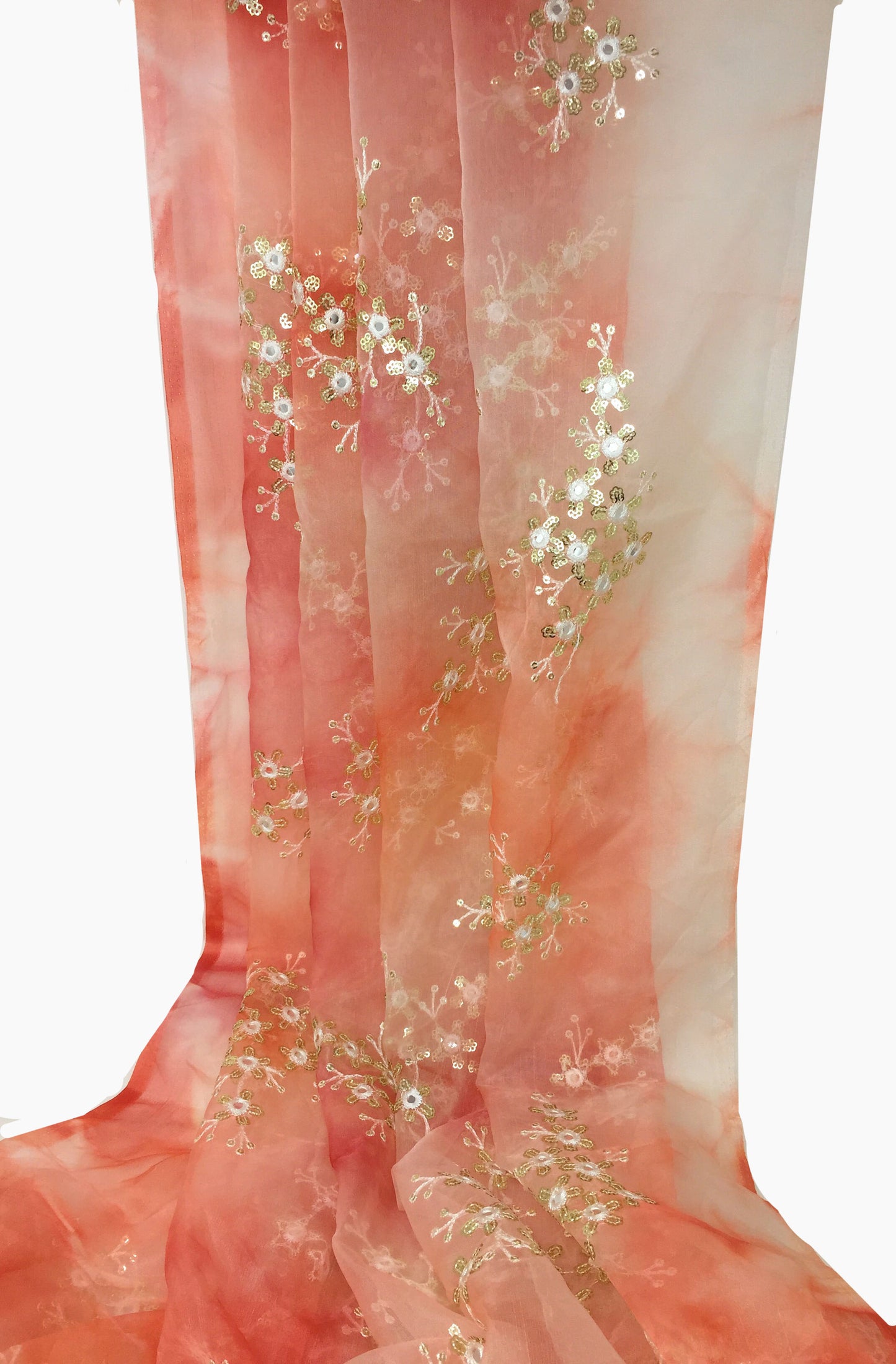 Organza Fabric Material in Pink, Peach, Embroidery Work