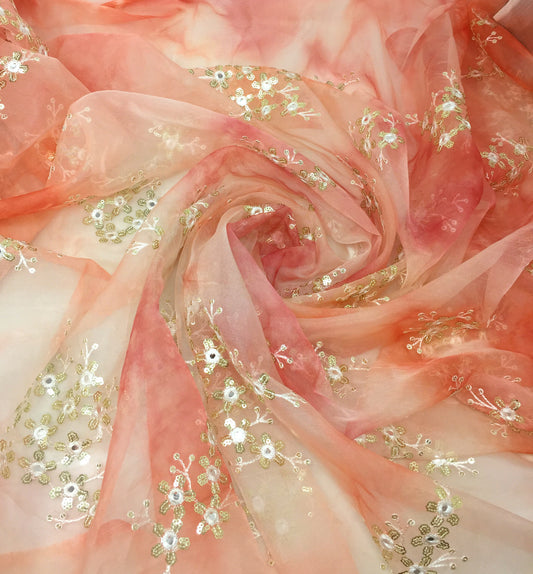 Organza Fabric Material in Pink, Peach, Embroidery Work