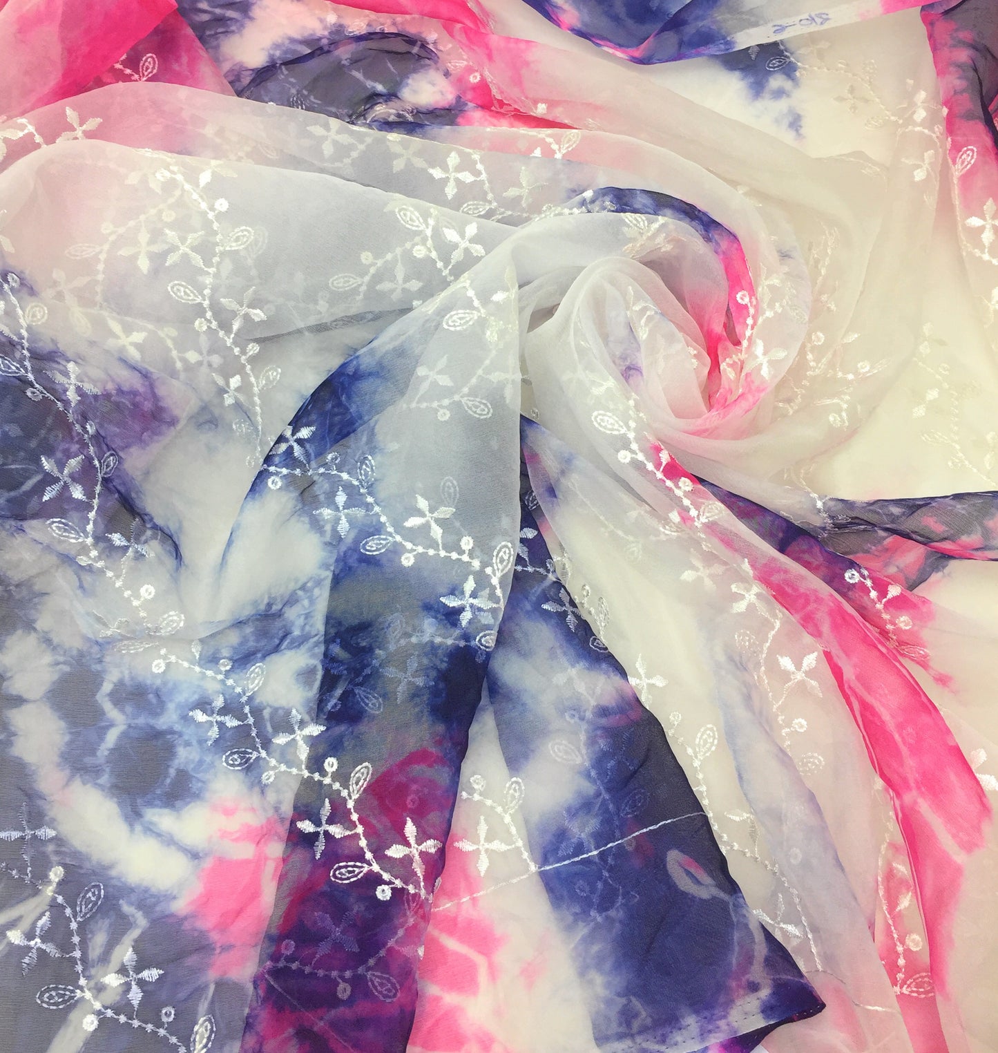 Organza Fabric Material in White Base Pink, Purple, Ink Blue, Embroidery Work