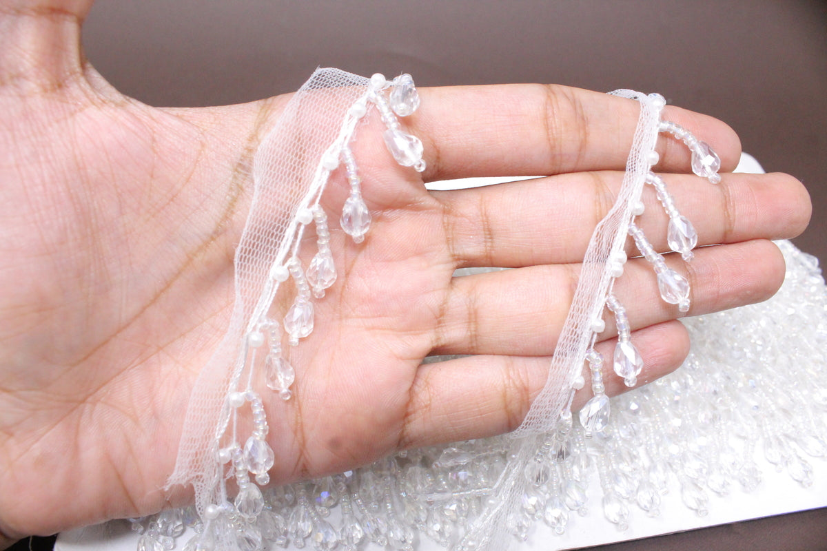 White Latkan Lace in  Crystal, Cutdana, Moti, Pearl - 3 Meter