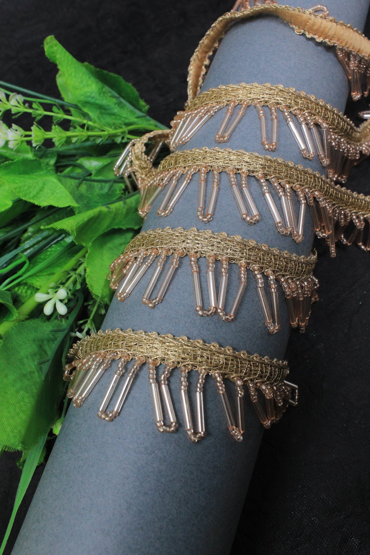 Tassel Trim In Rose Gold Cutdana Beads - 3 Meter