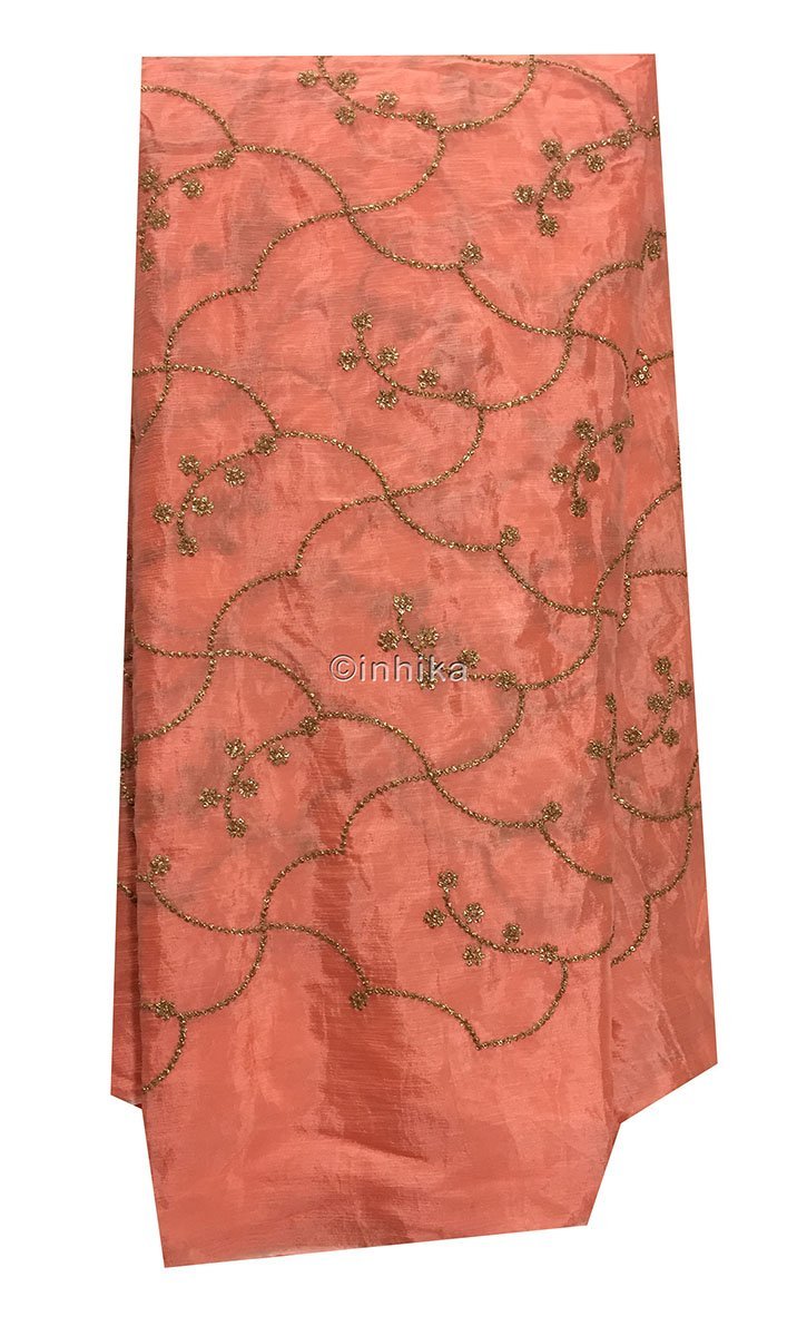 buy dress fabric online india buy fabric material online india Embroidery Chiffon Peach, Gold 42 inches Wide 9197