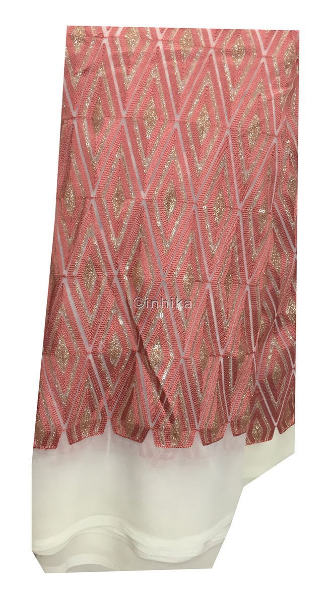lace material online india embroidery materials Georgette Off White, Peach, Gold 46 inches Wide 9192