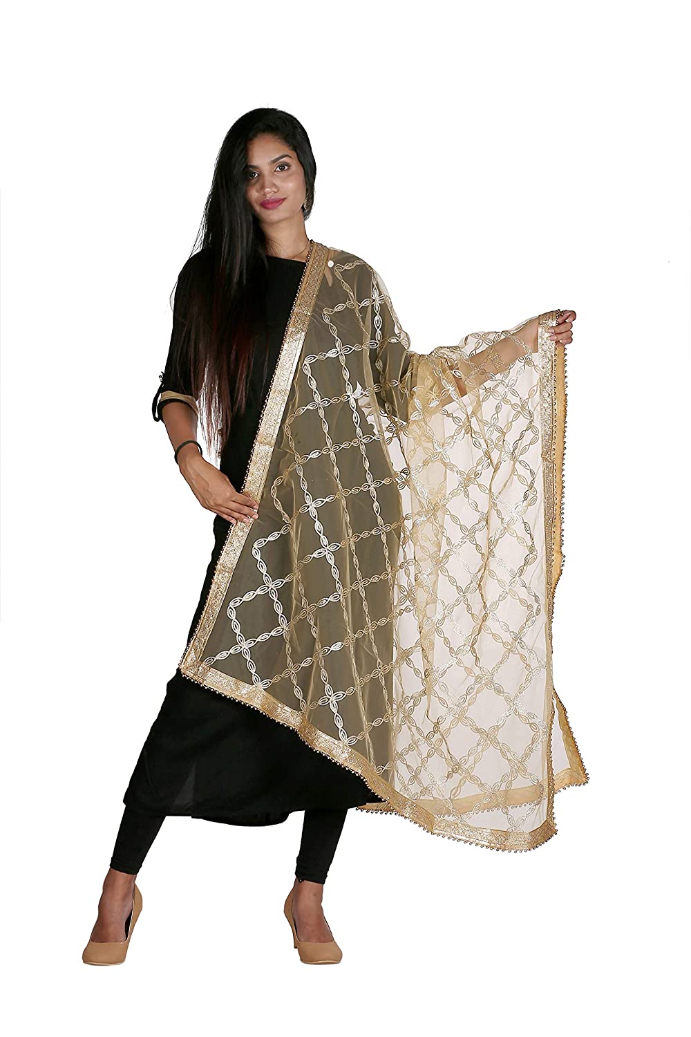 net dupatta golden, gota patti embroidery