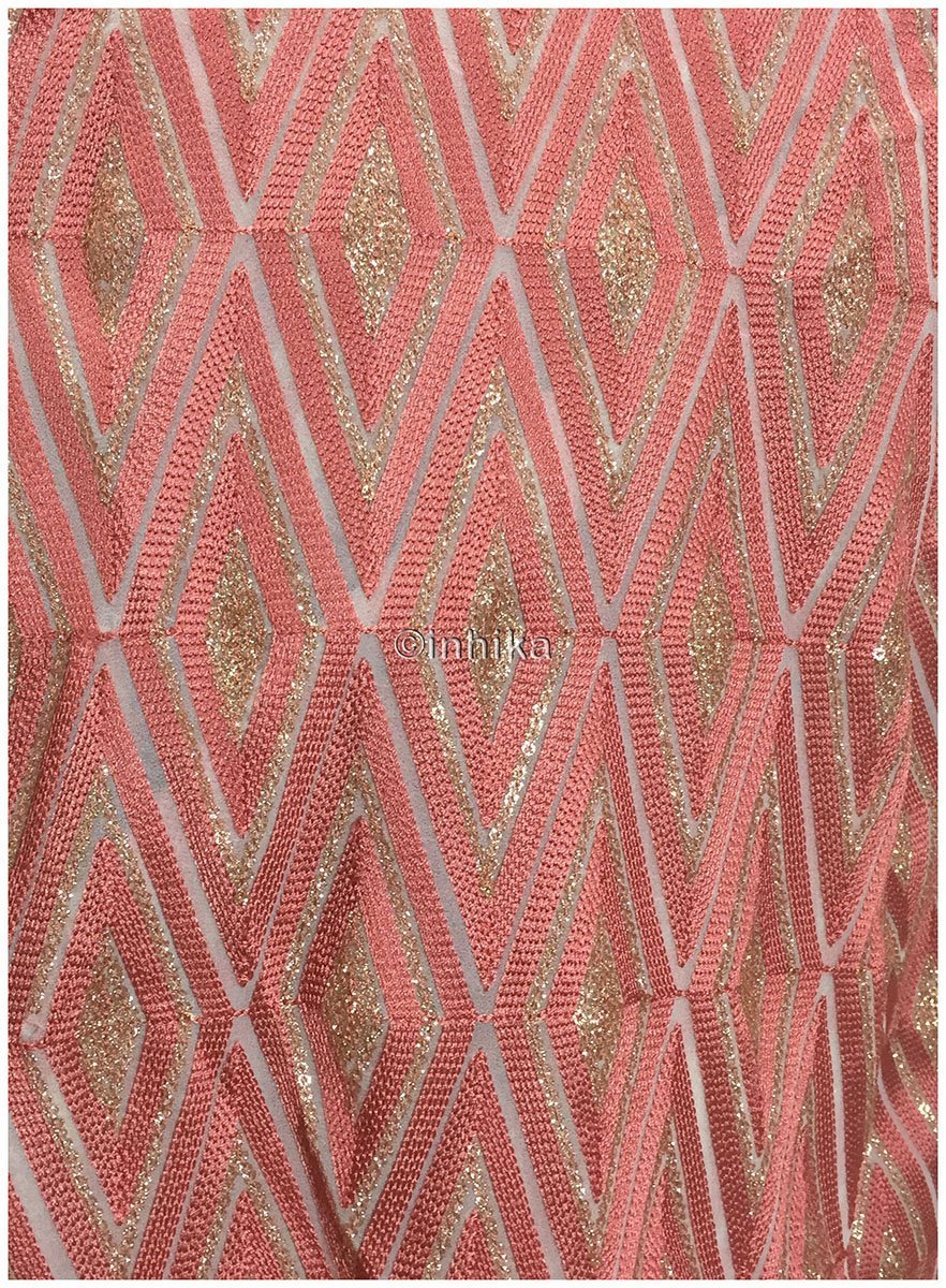 fabric purchase online india embroidery materials Georgette Off White, Peach, Gold 46 inches Wide 9192