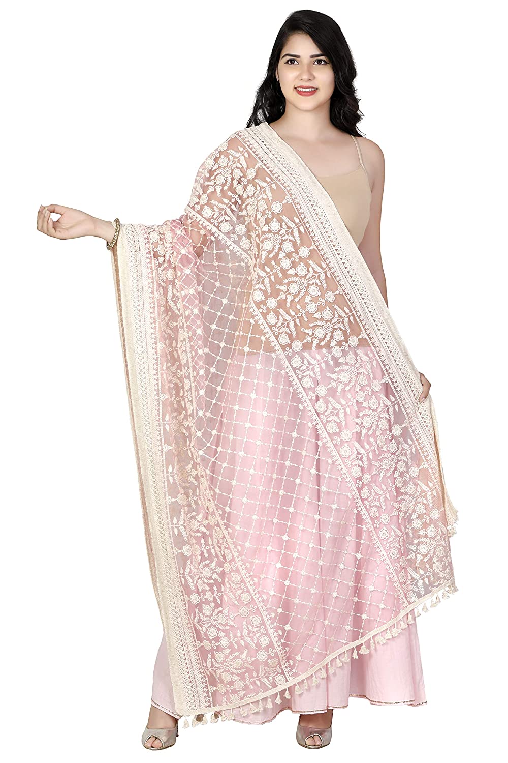 Pink designer dupatta white embroidery on Net