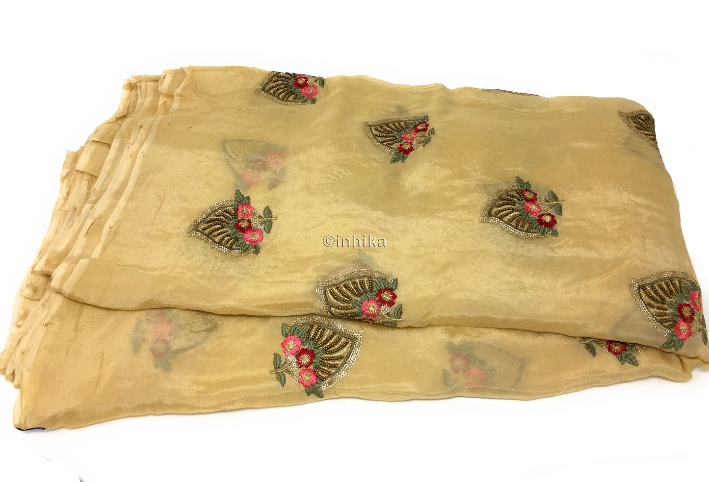 Beige Chiffon Running Material with Embroidery