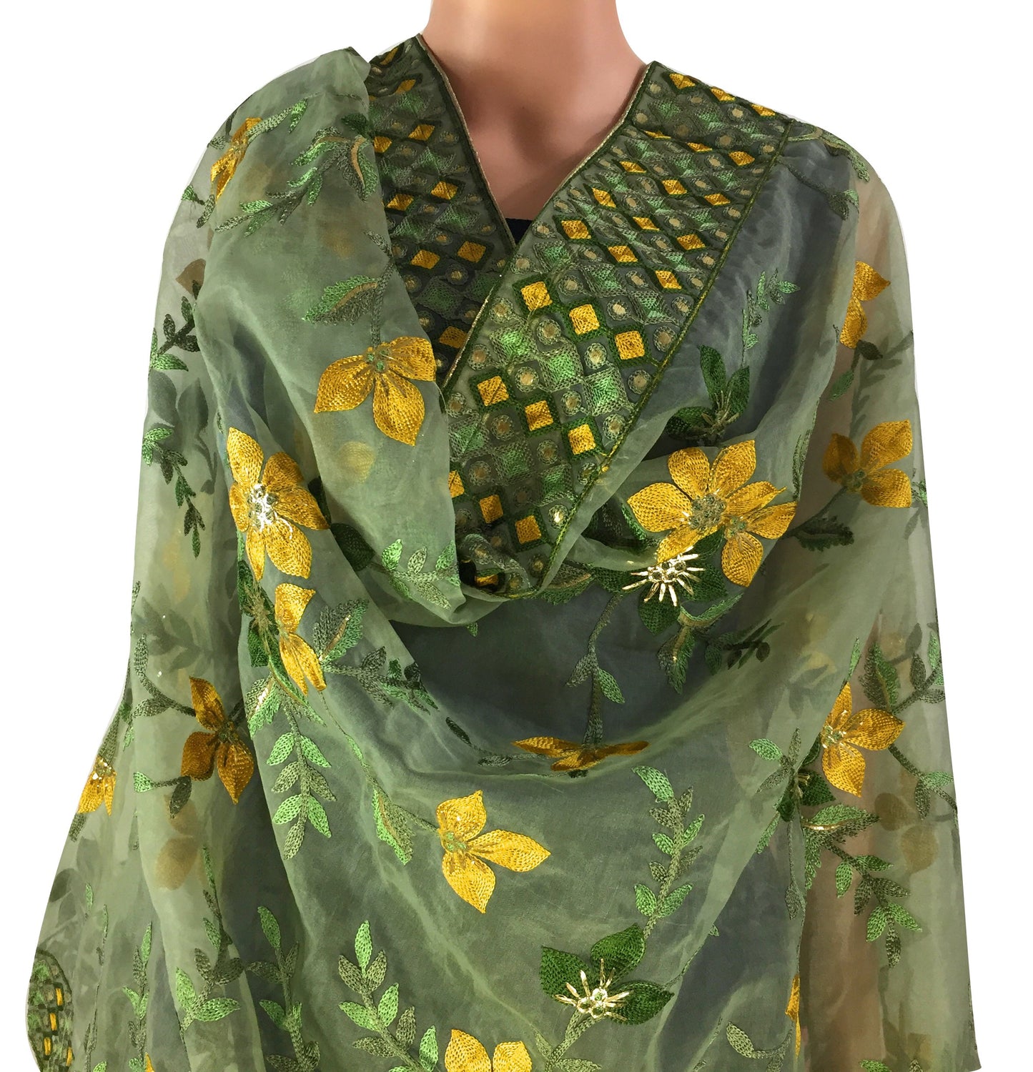 Green Heavy Organza Dupatta with Embroidery