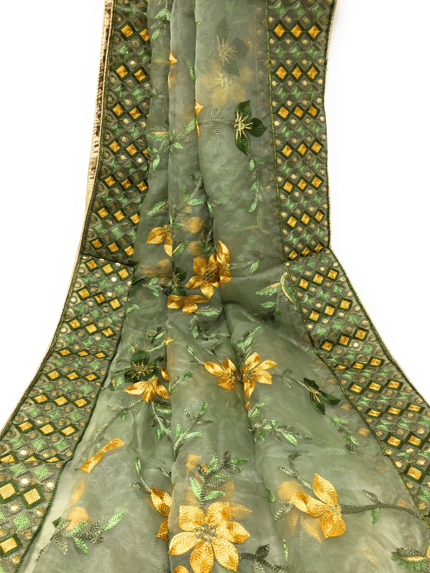 Green Heavy Organza Dupatta with Embroidery