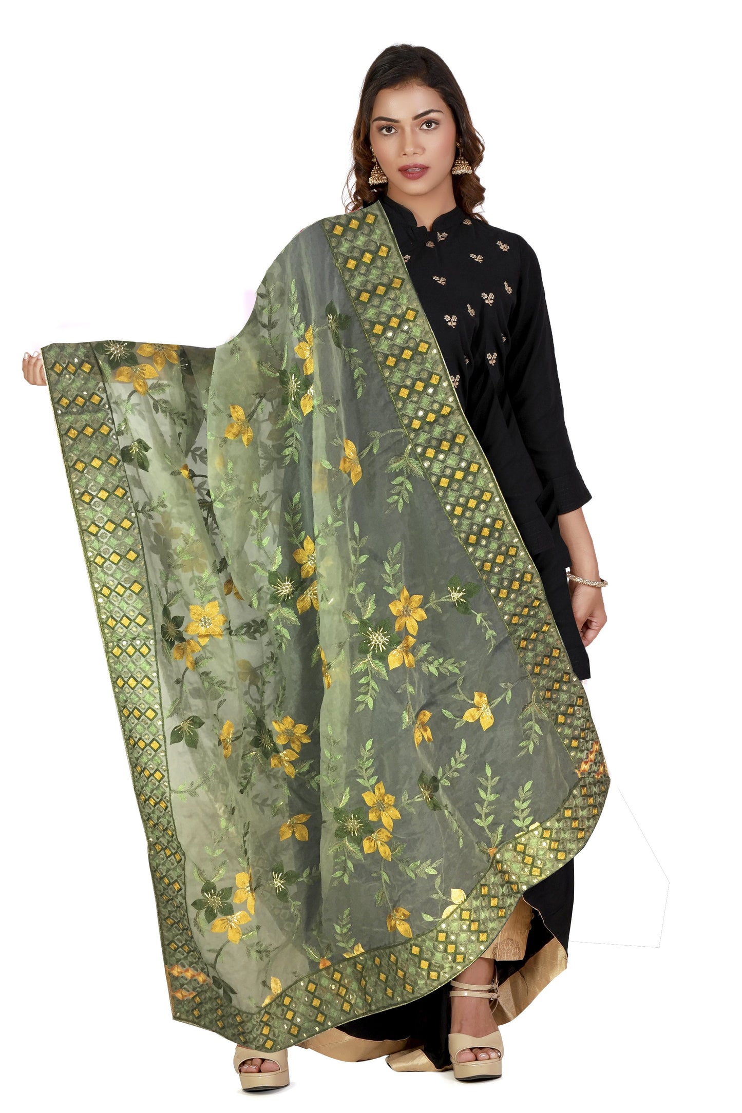 Green Heavy Organza Dupatta with Embroidery