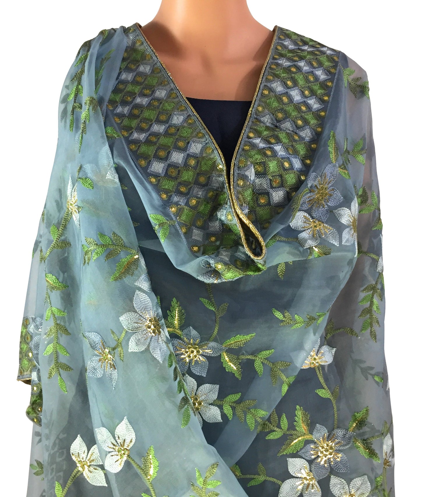 Blue Heavy Organza Dupatta with Embroidery