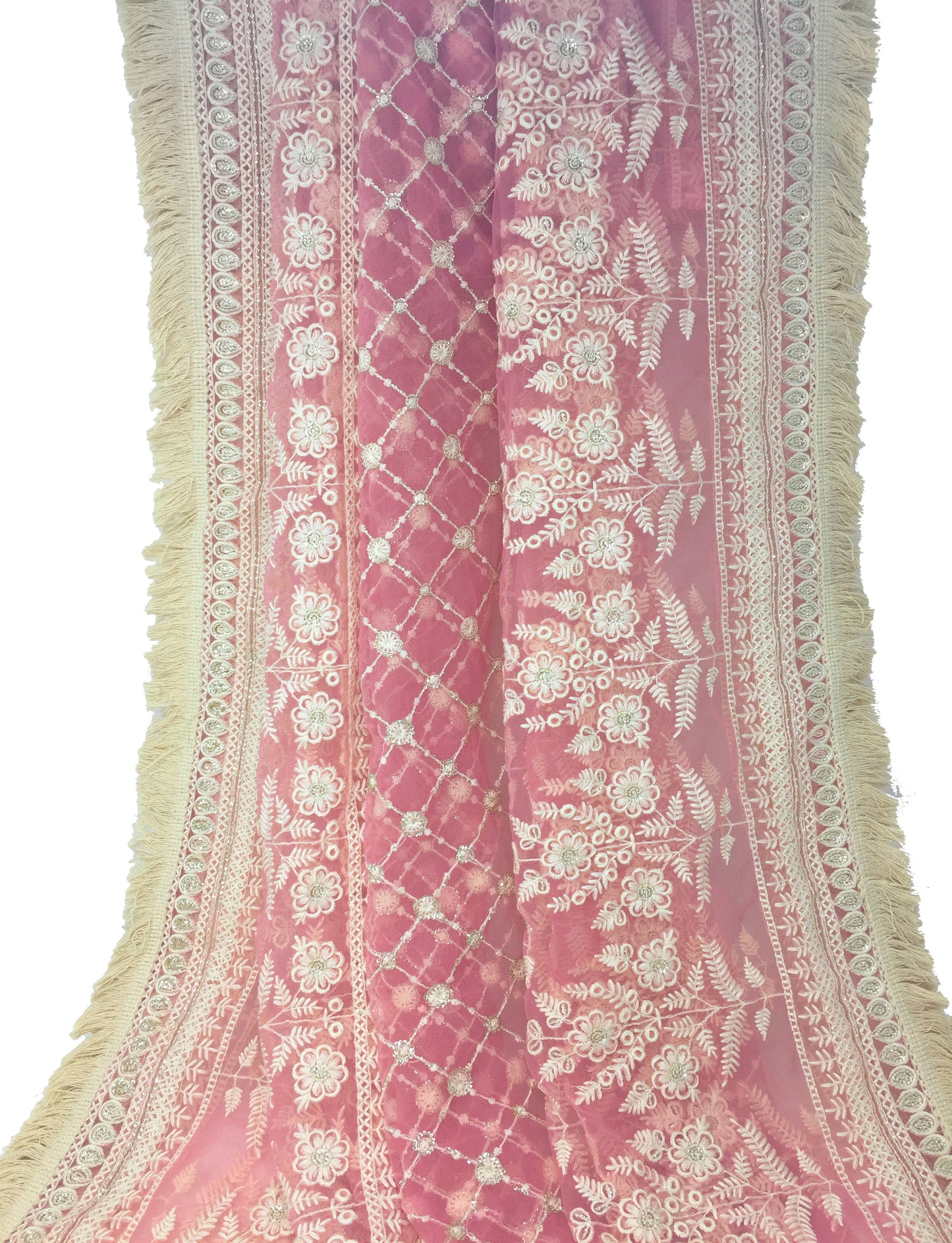 Pink designer dupatta white embroidery on Net