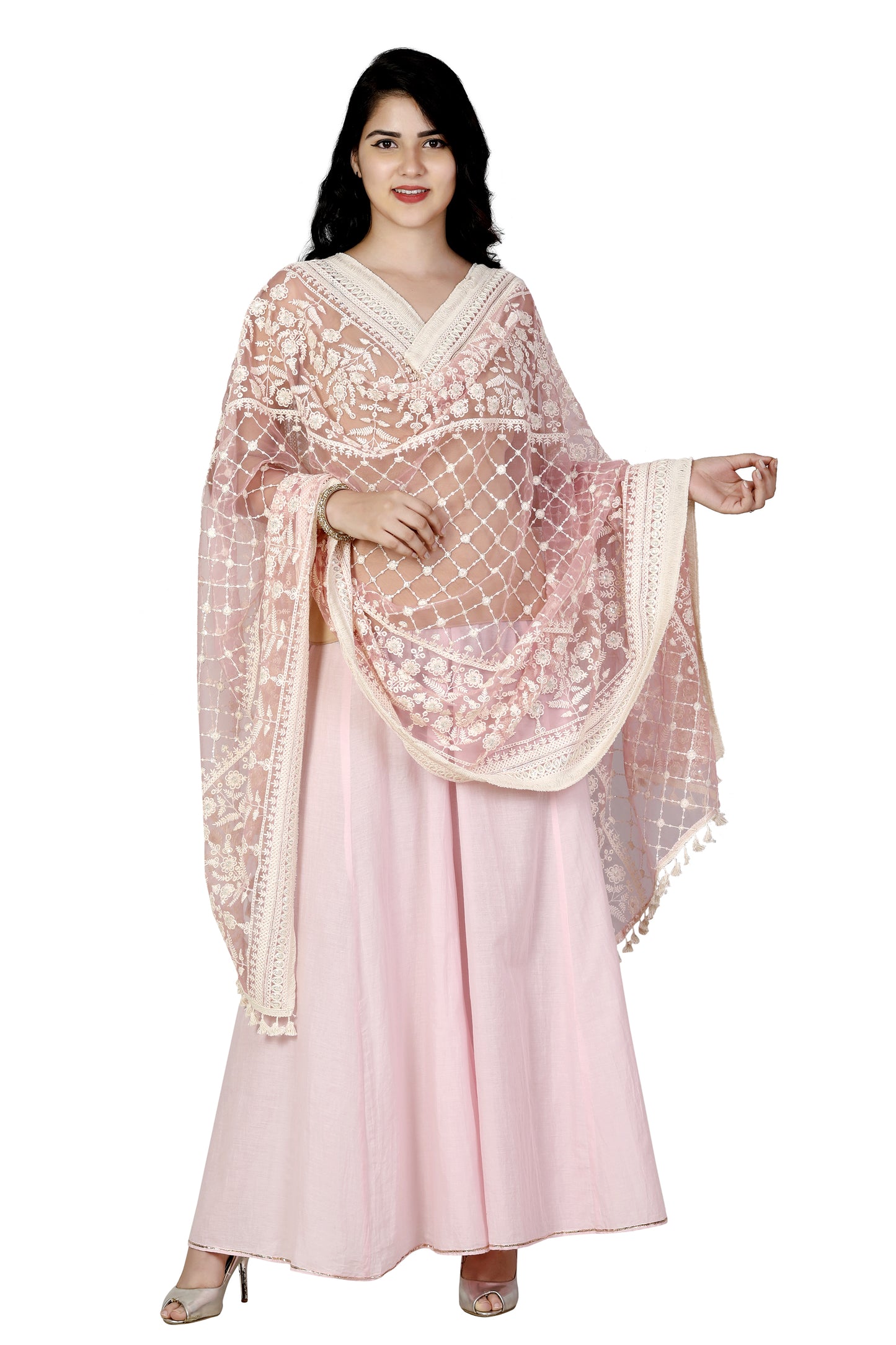 Pink designer dupatta white embroidery on Net
