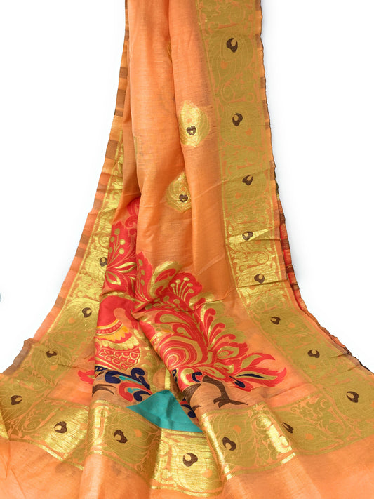 Dupatta party wear in Brocade work, Peach and Gold