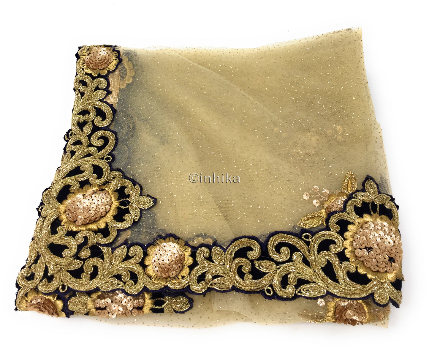Golden Net Dupatta, Velvet Border n Gold Embroidery
