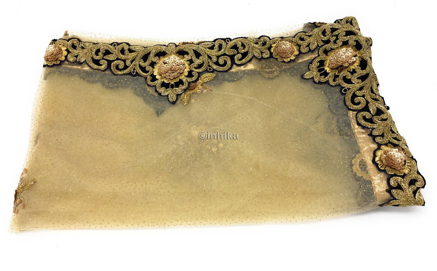 Golden Net Dupatta, Velvet Border n Gold Embroidery