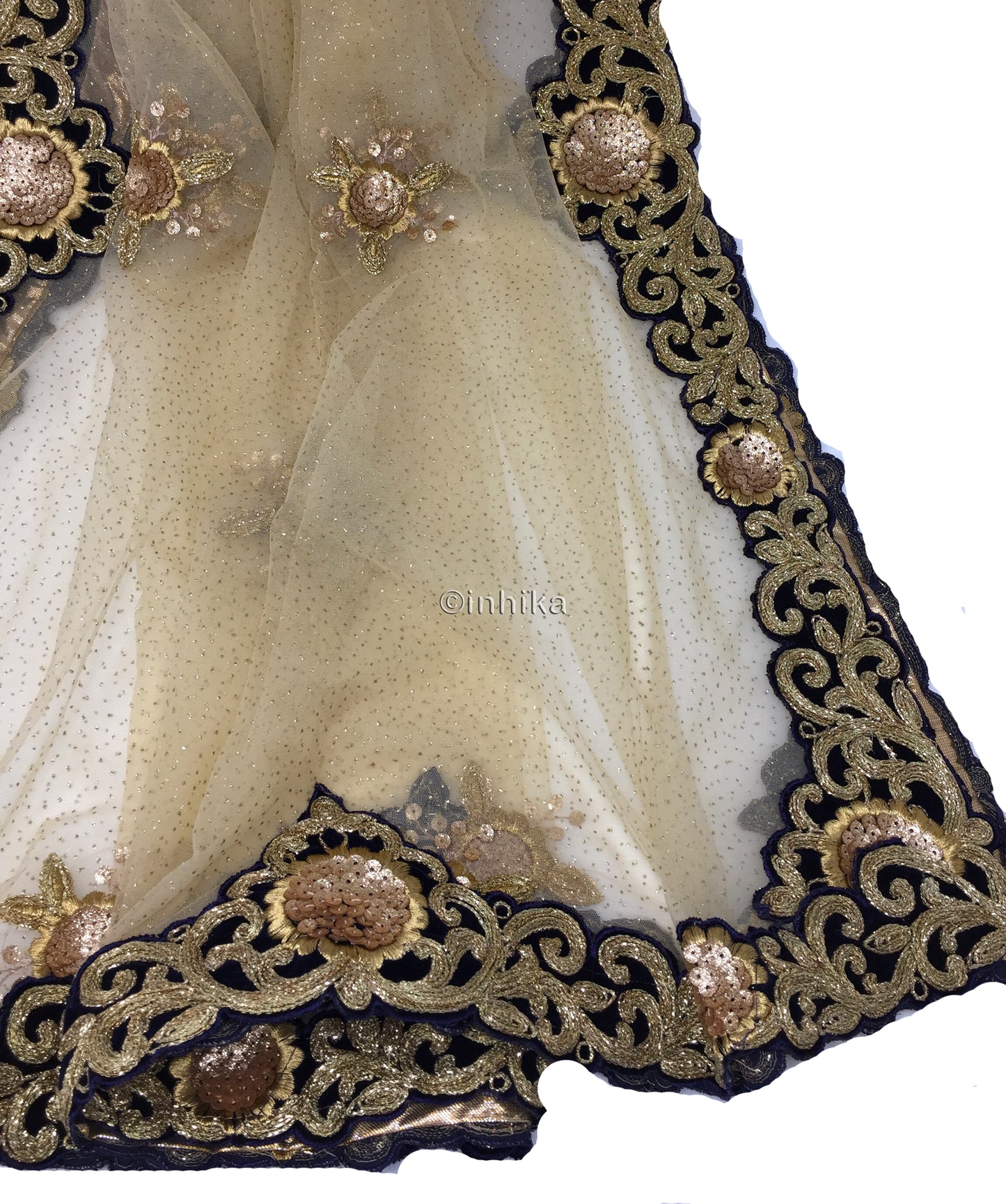 Golden Net Dupatta, Velvet Border n Gold Embroidery