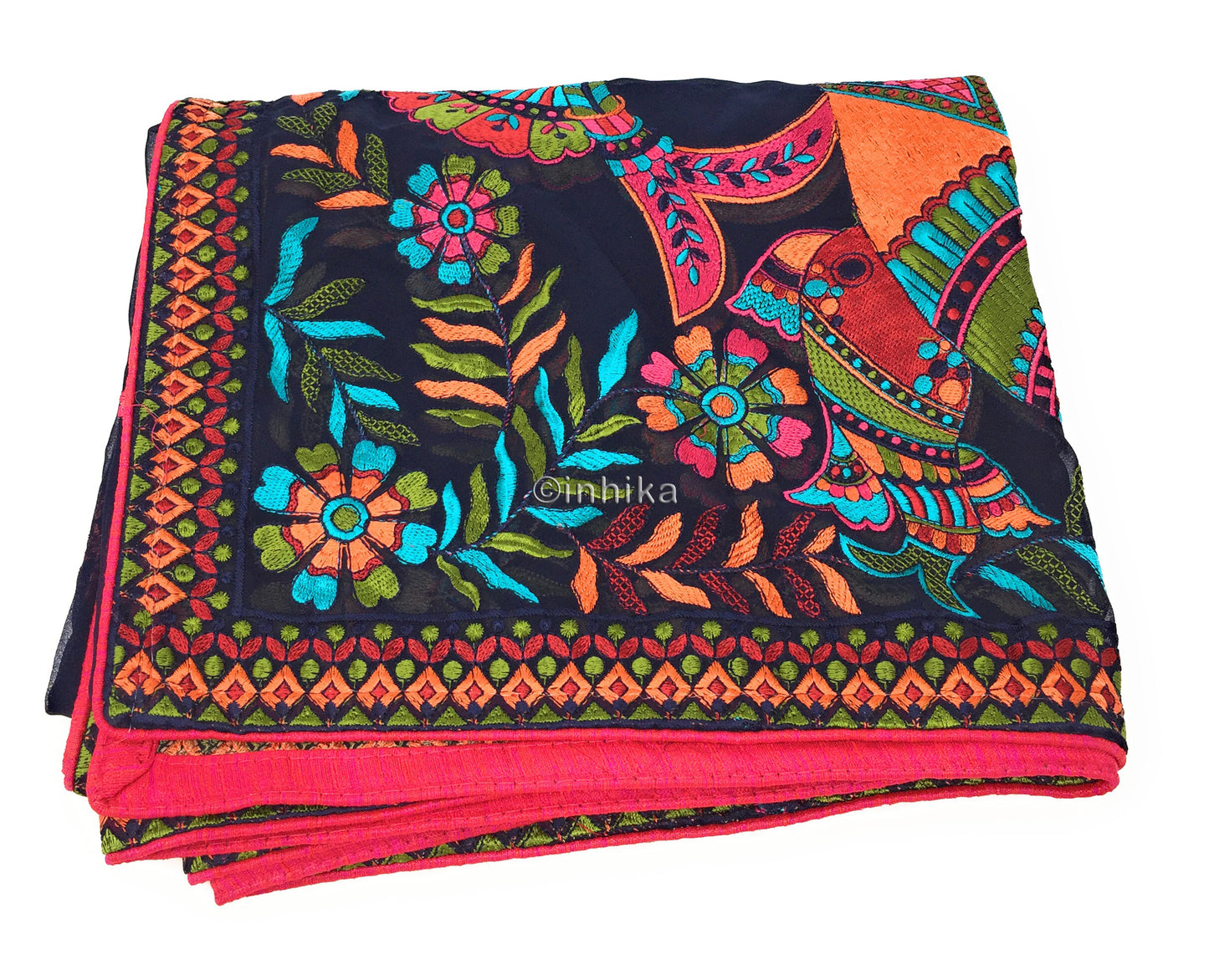 Designer Dupatta from India, Multicolour Fish Embroidery