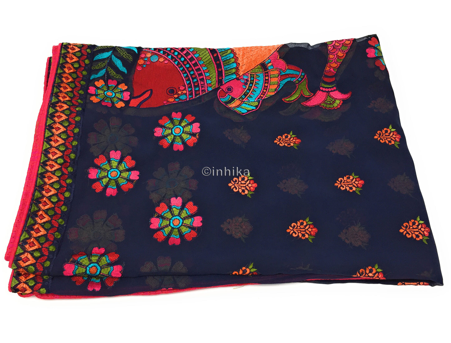 Designer Dupatta from India, Multicolour Fish Embroidery